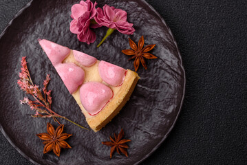 Sweet cheesecake with berry flavor, decorated with pink hearts