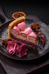 Sweet cheesecake with berry flavor, decorated with pink hearts