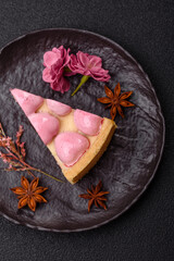 Sweet cheesecake with berry flavor, decorated with pink hearts