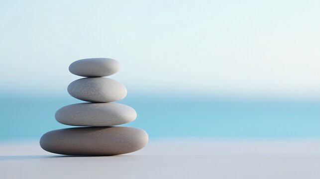 Calm beach stones stacked, smooth gray stones balanced in a peaceful arrangement, tranquil setting with soft blue background.