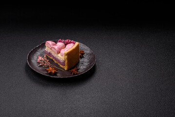 Sweet cheesecake with berry flavor, decorated with pink hearts