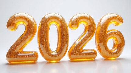 Shiny golden transparent 2026 numbers with glitter effect on a white reflective surface, symbolizing celebration and the new year concept