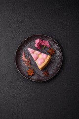 Sweet cheesecake with berry flavor, decorated with pink hearts