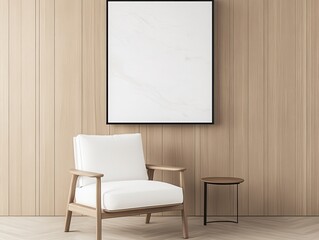 Modern minimalist living room featuring a white chair and wooden decor