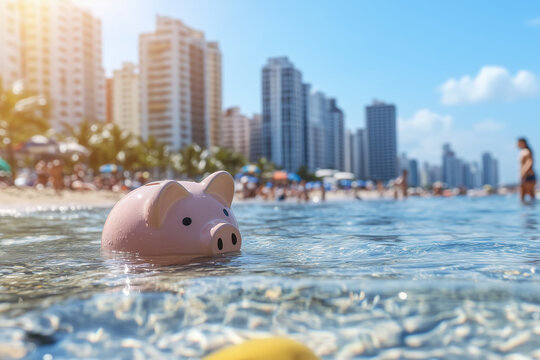 Pink piggy bank is half submerged in the ocean, against a backdrop of beachgoers and beachfront buildings, symbolizing the impact of global economic downturns on savings and investments - Powered by Adobe