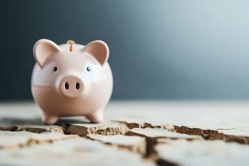 Pink piggy bank standing on cracked wooden surface representing economic instability, financial crisis, and savings protection during challenging times