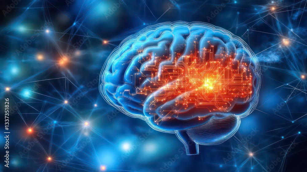 Poster 3d digital representation of a brain with circuits glowing in a futuristic technology setting, artif
