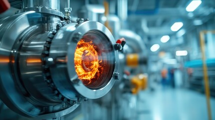 Fototapeta premium A captivating image of fire erupting from a metal pipe in an industrial setting, showcasing the powerful energy and dynamic processes involved in modern machinery.