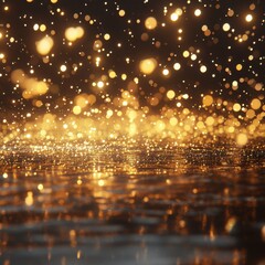 Abstract background image featu a mesmerizing display of golden glitte particles and bokeh lights floating over a reflective dark surface creating a luxurious and festive