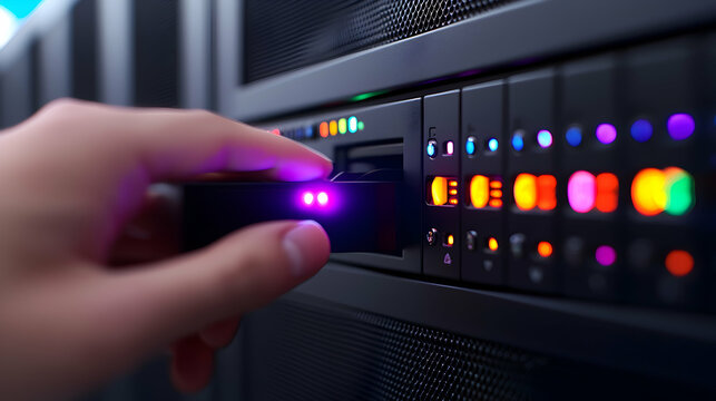 Hand Inserting Device into Server Panel with Glowing Lights
