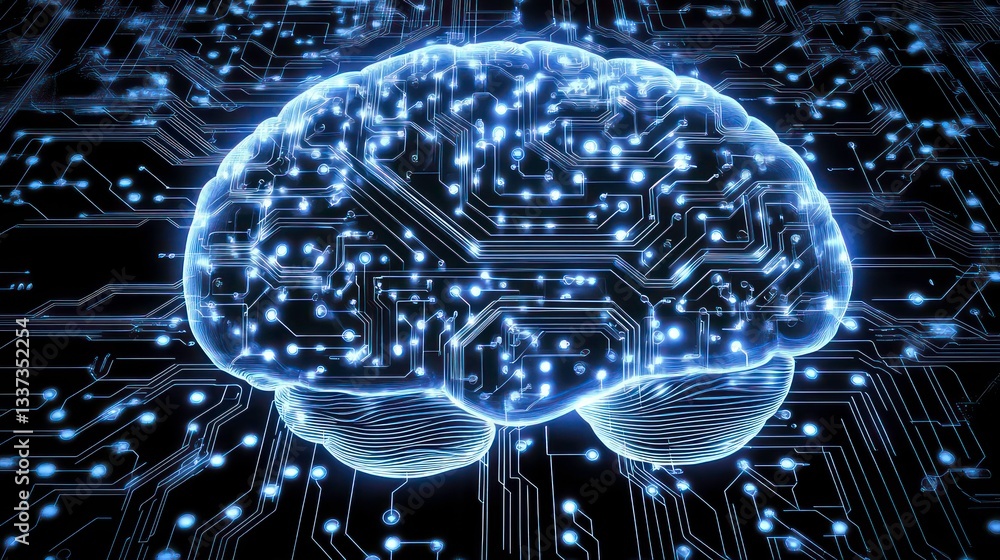 Poster 3d digital representation of a brain with circuits glowing in a futuristic technology setting, artif
