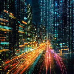 digital cityscape glowing with light trails and vertical matrix like patterns in a sci fi atmosphere
