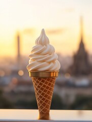 Un delicioso helado en un cono se destaca contra un hermoso atardecer urbano.