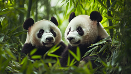 Obraz premium Two giant pandas resting in bamboo forest. Concept of wildlife, conservation, endangered animals, nature