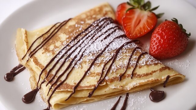 Deliciosas crepas con jarabe de chocolate y fresas, perfectas para un postre o desayuno.