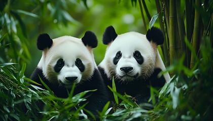 Obraz premium Two giant pandas resting in bamboo forest. Concept of wildlife, conservation, endangered animals, nature