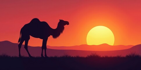 Camel silhouette against sunset desert landscape, dune landscape, wildlife photography, desert animal