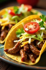Close-up of juicy beef tacos topped with shredded cheese, crisp lettuce, and sliced tomatoes , mexican, meat, beef