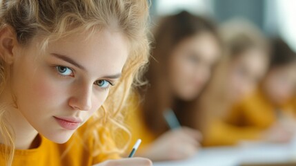 Focused student in classroom, young female learner concentrating on exam, natural light illuminating her thoughtful expression, ideal for educational themes.
