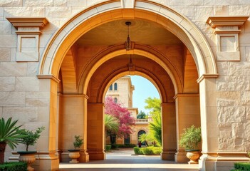 Fototapeta premium Elegant beige stone and travertine archway, classic design, window, curve