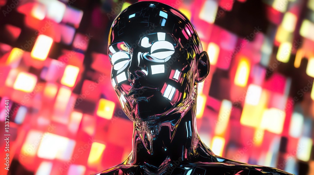 Poster a futuristic humanoid robot with artificial intelligence, sleek design and illuminated facial featur