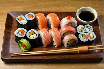 Delicious Sushi Platter with Fresh Ingredients on a Dark Background