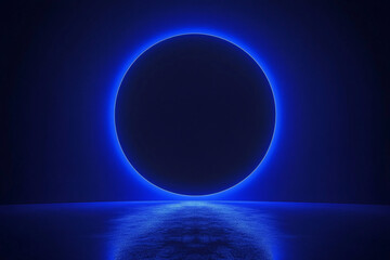 Obraz premium A mysterious glowing blue circular portal hovers in a dark reflective room emitting an ambient futuristic light 