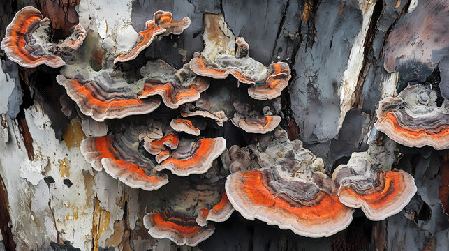 Surreal forest food photography: edible fungi on strange tree bark - mystical nature scene. Alien Mycology. Illustration