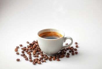 A steaming coffee cup sits on a clean white background, simple, mug