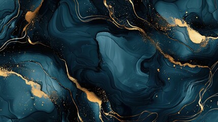 Dark colored illustration with alcohol ink technique, luxury liquid illustration, fluid wallpaper with gold design paths, graphic for print