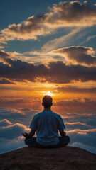 Fototapeta premium Meditative serenity: Person in lotus position observes a breathtaking sunset amidst clouds, creating a tranquil atmosphere.