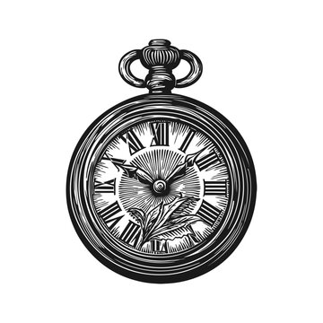 recommend clip art: Vintage Engraved Pocket Watch with Roman Numerals and Floral Design