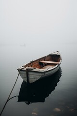 Obraz premium Solitary Boat on a Misty Lake: A solitary wooden boat floats serenely on the misty surface of a tranquil lake, its reflection shimmering softly, creating a scene of calmness and solitude.
