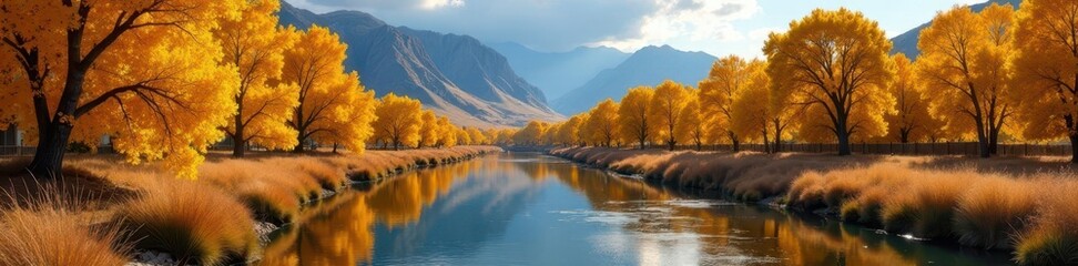 Fototapeta premium Golden Cottonwoods line the Bighorn River, autumn leaves ablaze , trees, autumn