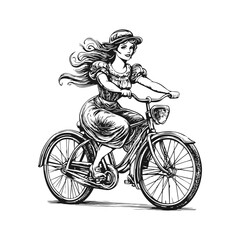 Obraz premium Vintage Engraving of Young Girl Riding Bicycle in Classic Dress