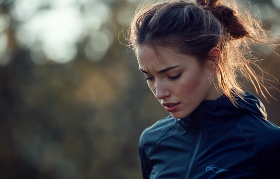 La joven deportista mira hacia abajo, reflexionando en un entorno natural lleno de luz suave.