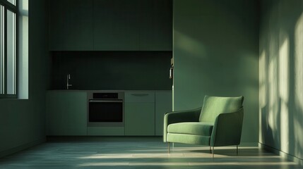 Dark Green living room interior wall mockup in warm tones with green armchair which is behind the kitchen- 3D rendering