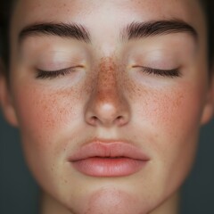 Obraz premium Serene close-up portrait of a woman with freckles and closed eyes