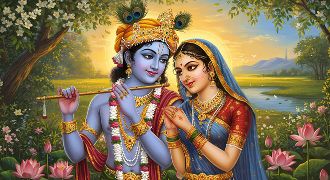 Krishna and Radha Embrace in a Lush Garden at Sunrise