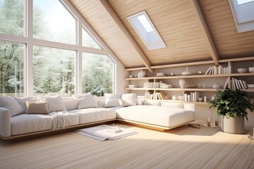 Cozy white and wood interior clear room model architecture furniture hardwood.