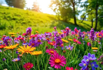 Obraz premium Vibrant wildflowers bloom across a sun-drenched hillside, lush green grass and trees in the background, vibrant, nature