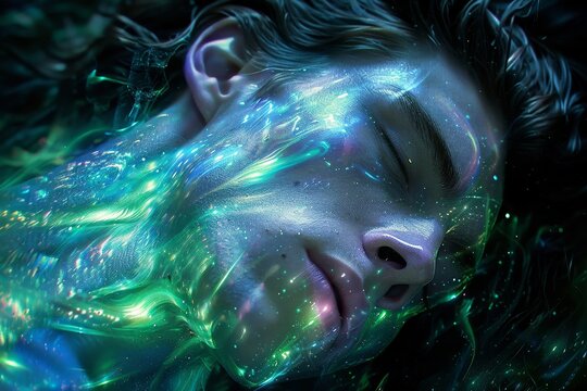 Close-up, ethereal beauty, an androgynous person with glowing, bioluminescent veins, digital art.