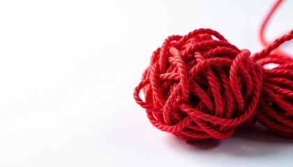A dense ball of intertwined crimson threads, stark white backdrop , complex, macro
