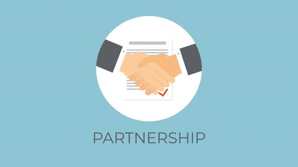 Animated flat illustration showing two hands shaking to represent business agreement, teamwork, and professional collaboration in a corporate environment. - Powered by Adobe