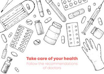 Healthcare and medicine illustration. sketch objects. Medical tool. Hand drawn illustration. Drugs and medical products and devices. Design elements set.