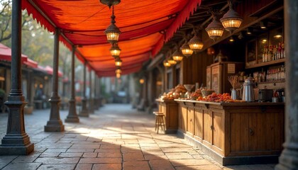 Red Awning Street Market with Vintage Lanterns