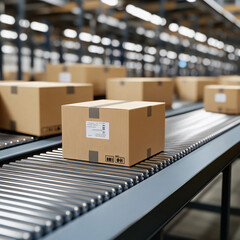 A close-up of labeled cardboard packages moving along a conveyor belt in a well-lit warehouse with a blurred background
