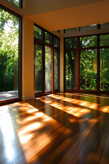 Fototapeta premium Sunlit room with large windows and polished wooden floor exudes serenity and openness, inviting calm reflection