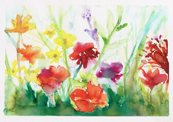  Watercolor Painting of Wildflowers Blooming in a Spring Meadow, hand-made watercolor
