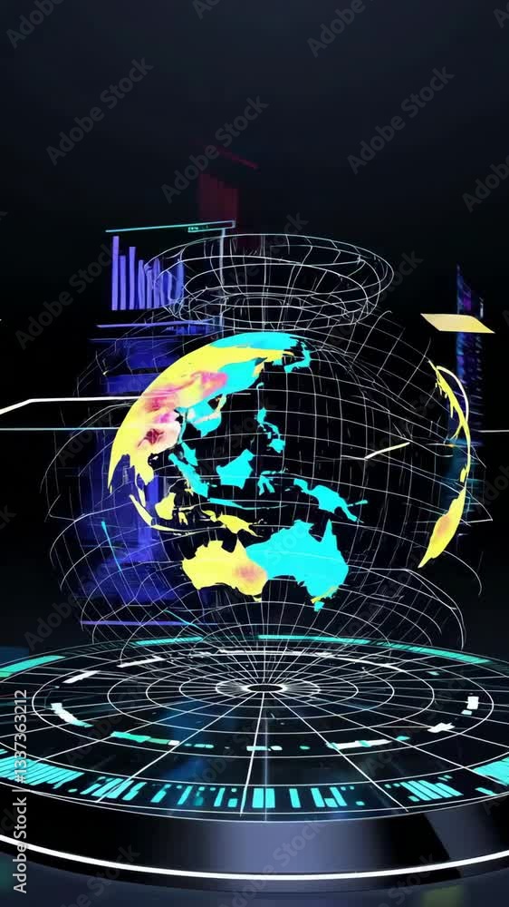 Poster futuristic digital earth with vibrant data visualization and rotating globe animation